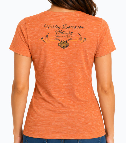 Women's Orange Harley-Davidson® Military T-Shirt with Overseas Tour Back Design