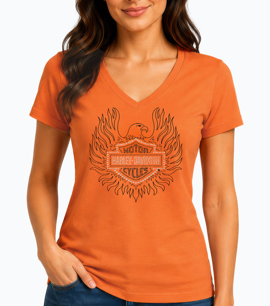 Women’s Exclusive Overseas Military Tour Rhinestone Eagle Orange T-Shirt