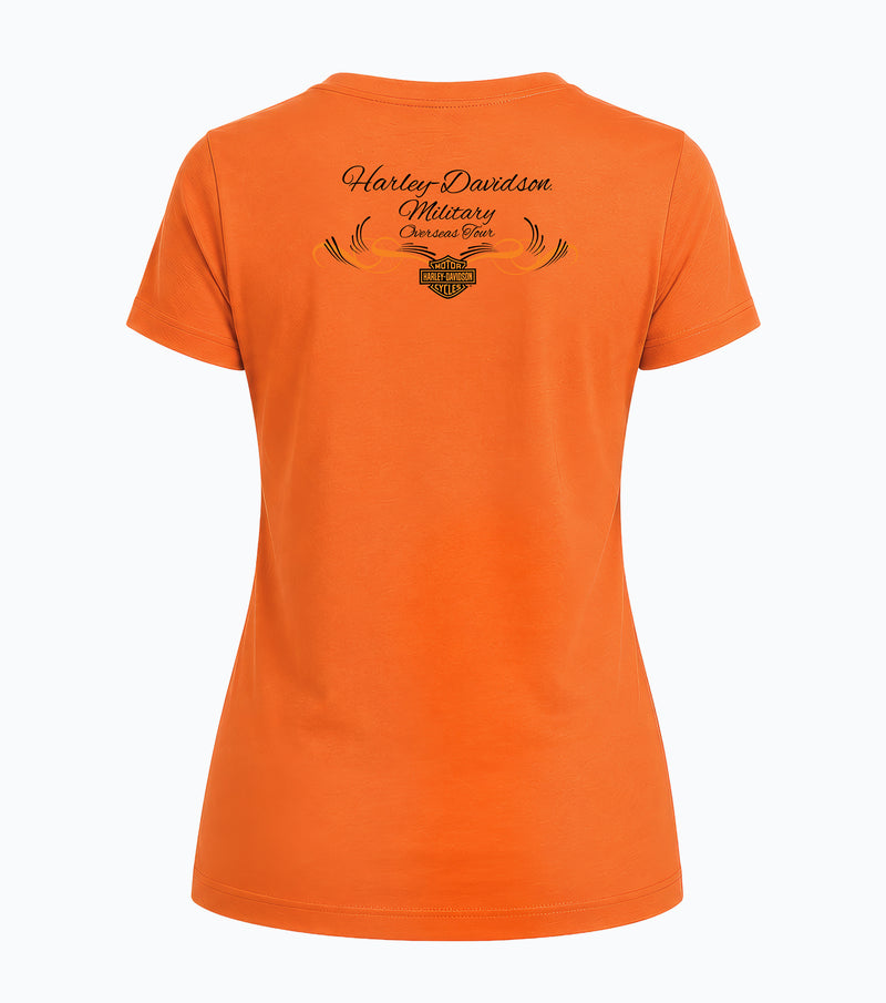 Load image into Gallery viewer, Women’s Exclusive Overseas Military Tour Rhinestone Eagle Orange T-Shirt
