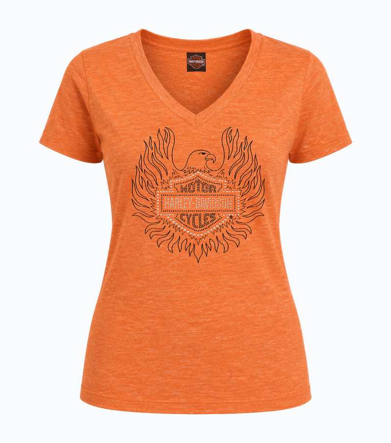 Load image into Gallery viewer, Women's Harley-Davidson® Military Orange T-Shirt with Rhinestone Eagle and Bar &amp; Shield Logo
