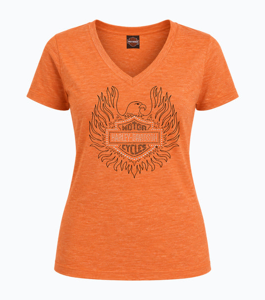 Women's Harley-Davidson® Military Orange T-Shirt with Rhinestone Eagle and Bar & Shield Logo