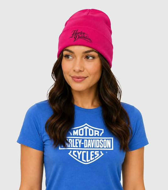 Harley-Davidson® Military Women's Bright Pink Knit Beanie with Overseas Tour Design
