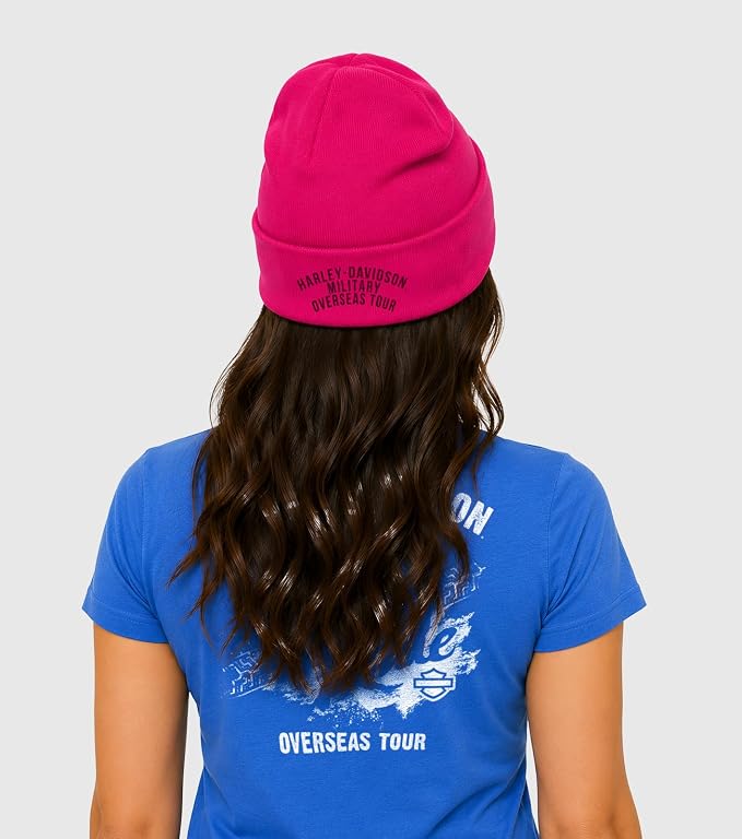 Load image into Gallery viewer, Bright Pink Women's Harley-Davidson® Overseas Military Tour Beanie Side Profile
